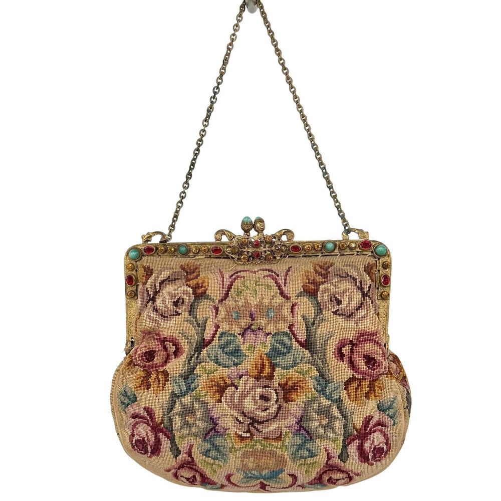 vintage petit point purse intricate floral tapestry and brass frame clutch - Picture 11 of 12